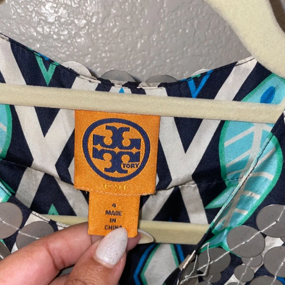 VINTAGE TORY BURCH 100% Silk Fish Print Blue/Turquoise  Kaftan Dress Size4